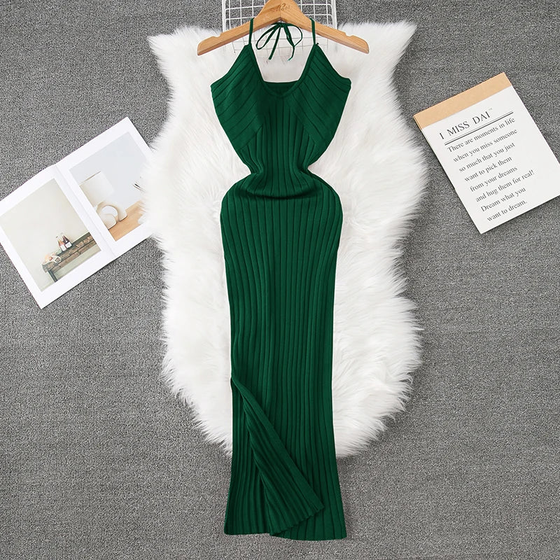 Sleeveless Green Ribbed Knit Bodycon Dress