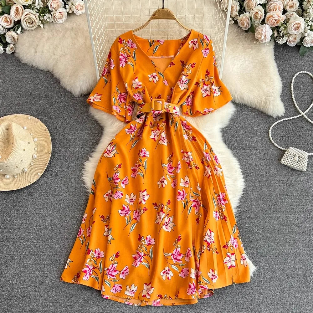 flowy short dresses formal French Floral Vine Belted Maxi Dress L