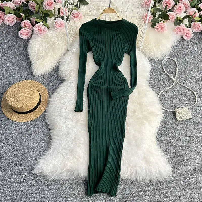 Sleek Long-sleeve Knit Dress, Flattering Ribbed Design