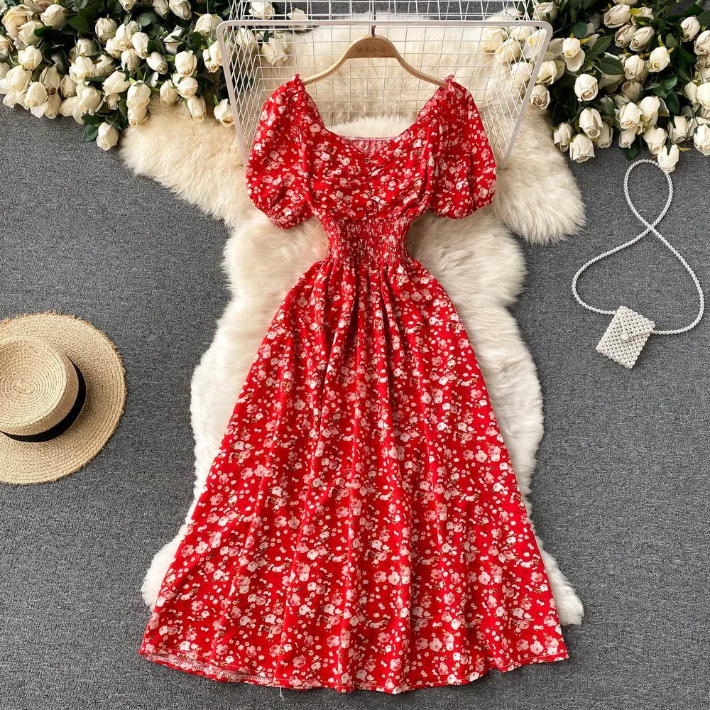 Red Floral Puff-sleeve Maxi Dress, Summer Casual on Luulla