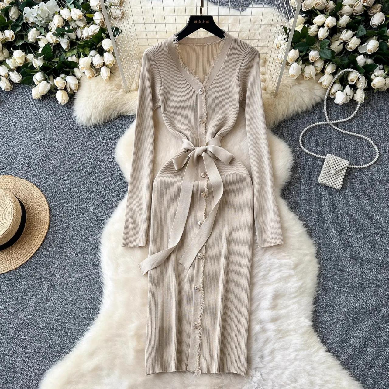 Cozy Knitted Long Sleeve Belted Button Dress