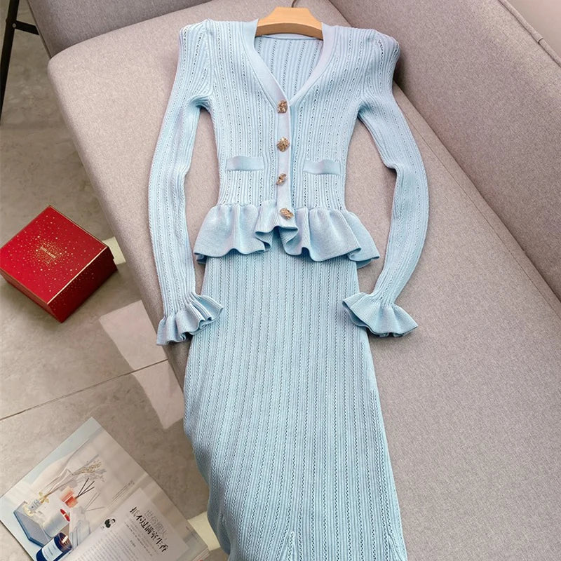 Ribbed Knitted Cardigan Dress With Ruffle Trim on Luulla