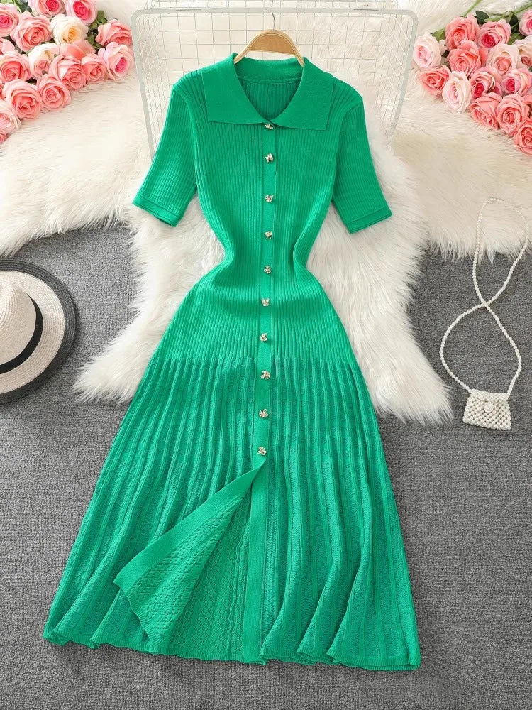 Ribbed Green Midi Dress With Button Detail on Luulla