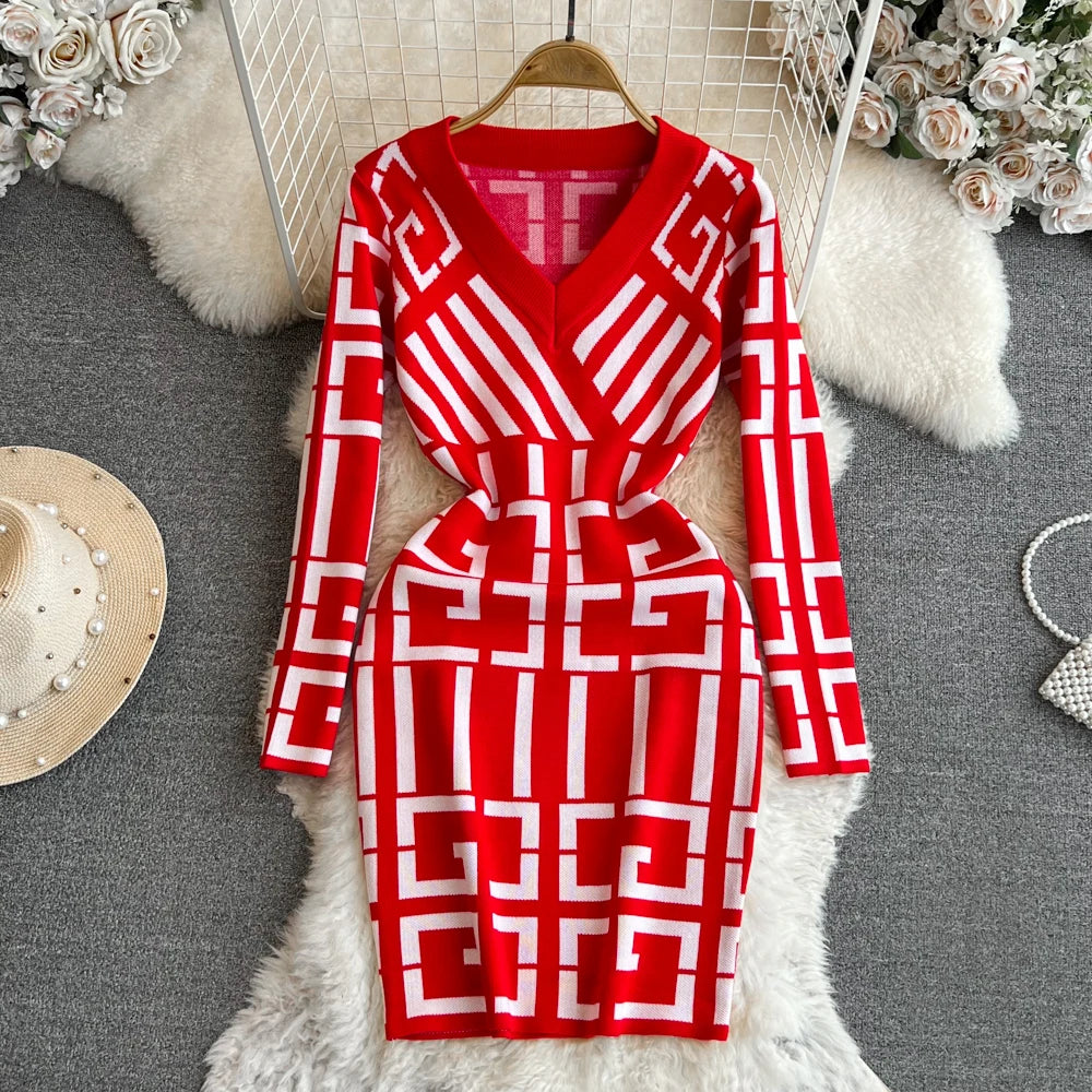 Geometric Pattern Red Knit Long Sleeve Dress