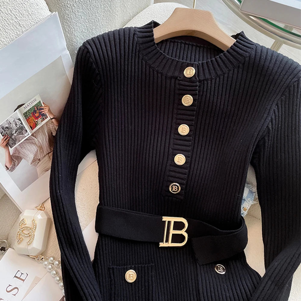Black Ribbed Knit Dress With Gold Buttons on Luulla
