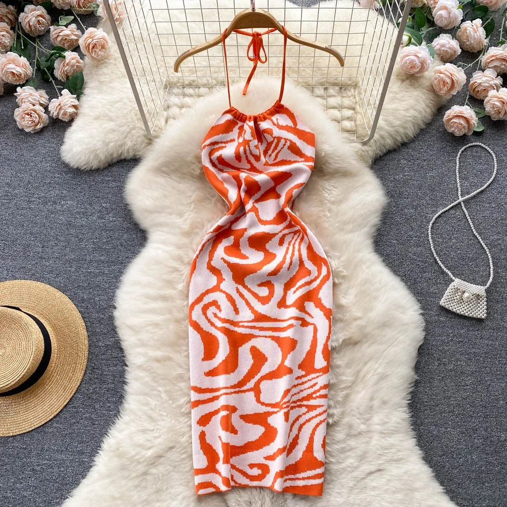 Vibrant Orange Swirl Sleeveless Maxi Summer Dress