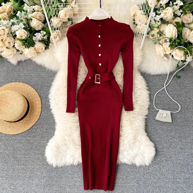 Vintage Red Knit Dress With Belted Waist