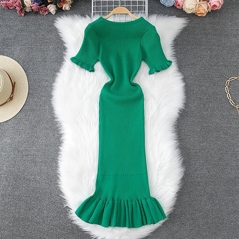 Knit Green Ruffle Hem Slim Fit Dress