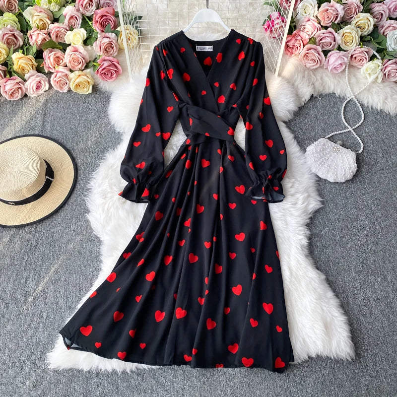 Red Heart Print Long Sleeve Wrap Dress on Luulla