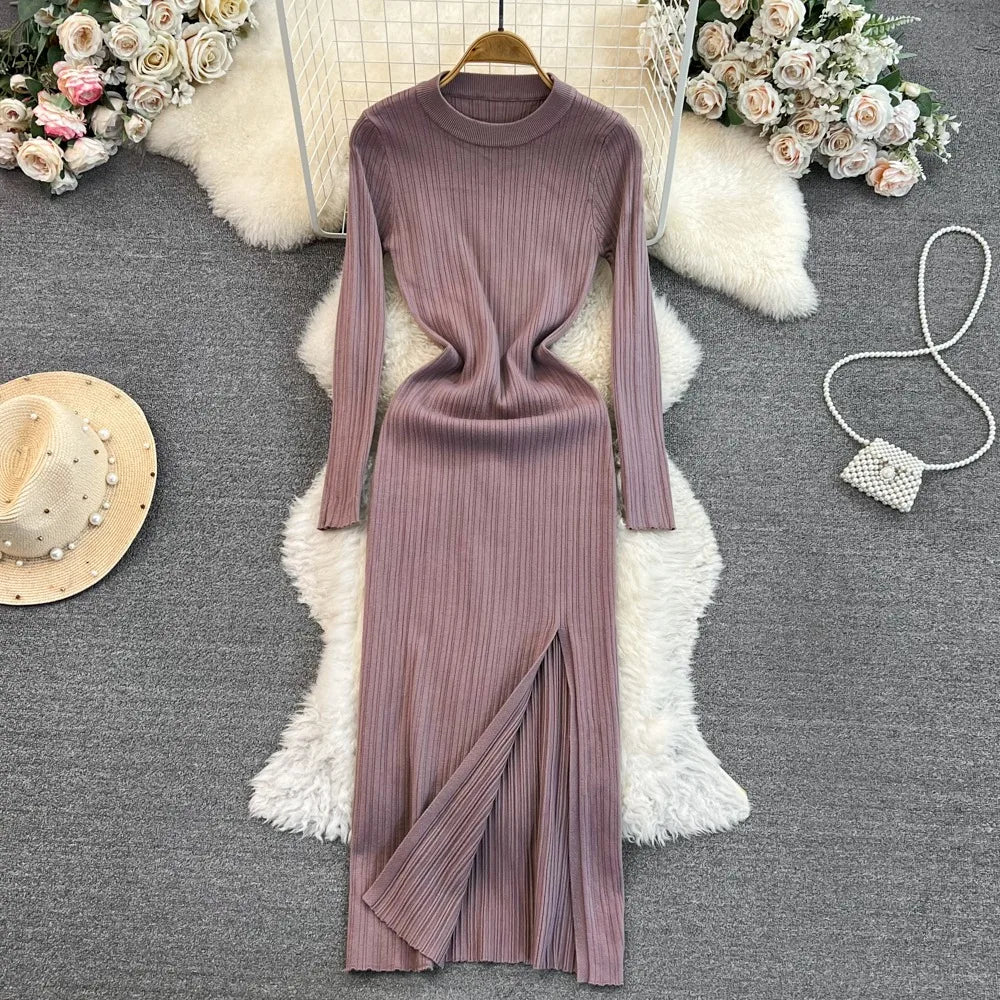 Yuoomuoo Long Sleeve Rib Knitted Split Maxi Dress Women Autumn Winter Thick  O-neck Casual Long Sweat on Luulla