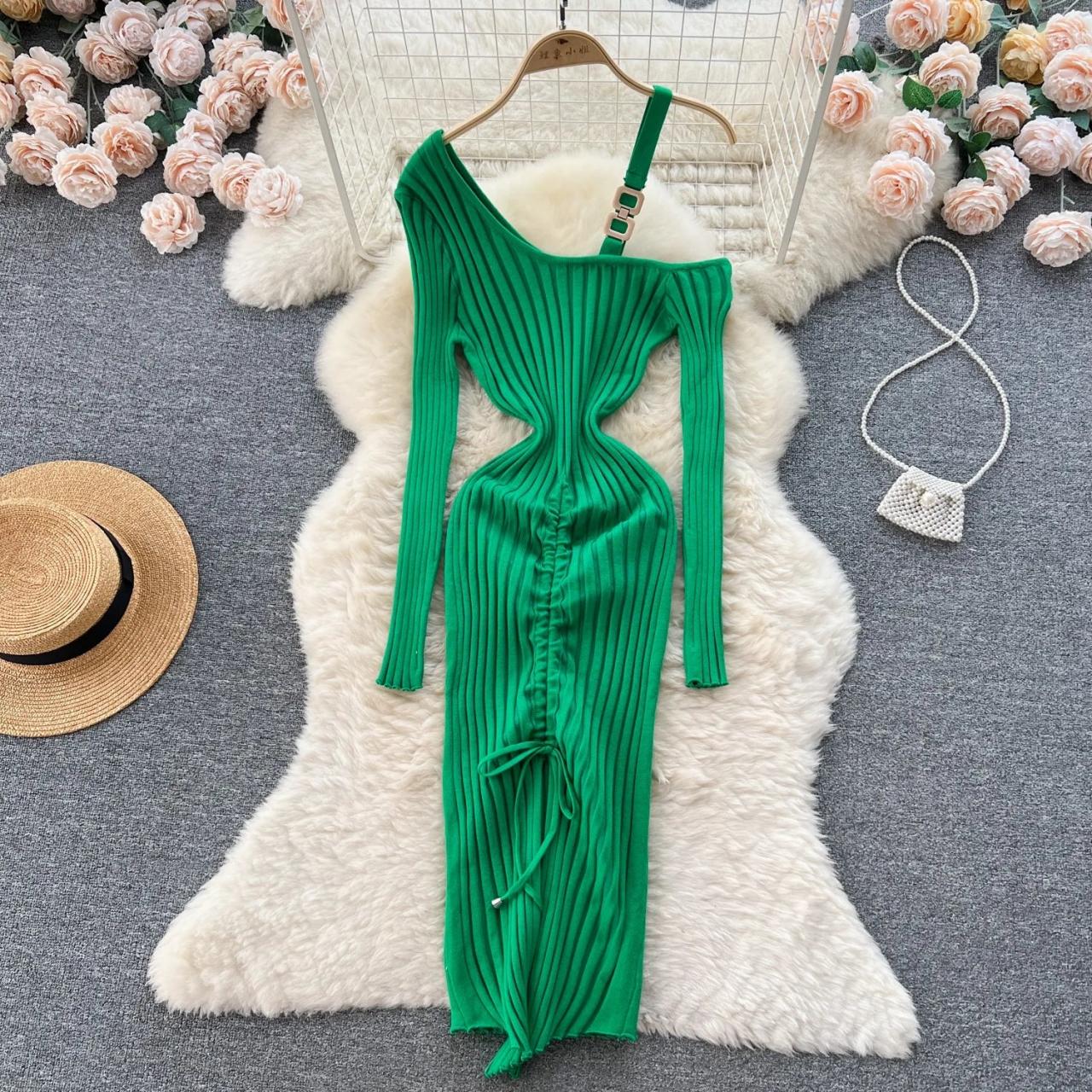 open lace back dress Pleated Half Button Long Sleeve Midi Dress main image 0