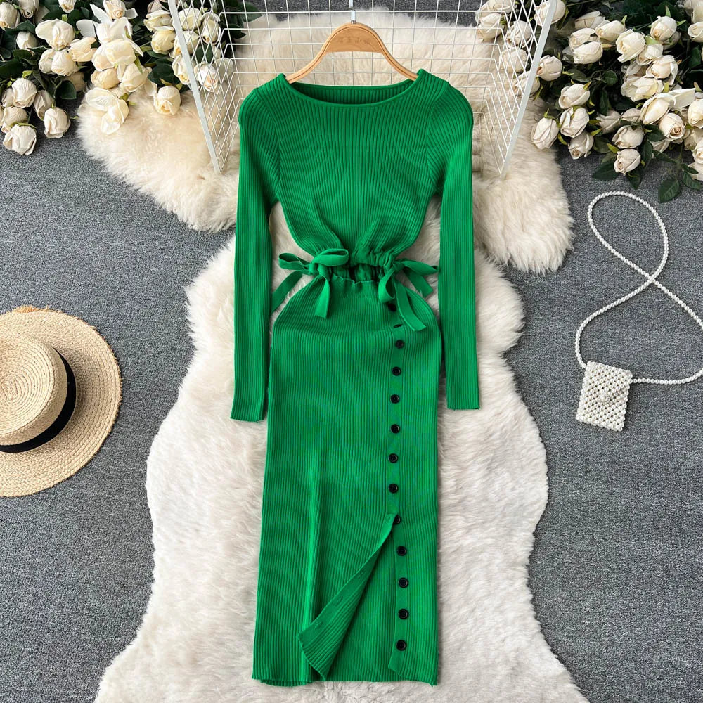 Chic Green Ribbed Knit Belted Sweater Dress
