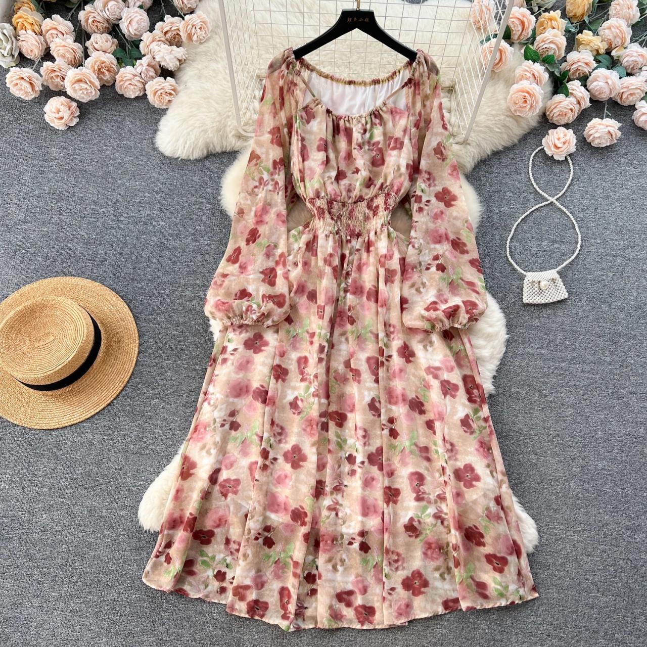 CHICLINE[チックライン] Liona Floral Chiffon Belt Dress Floral Chiffon Long-sleeve Maxi Dress With Belt on Luulla