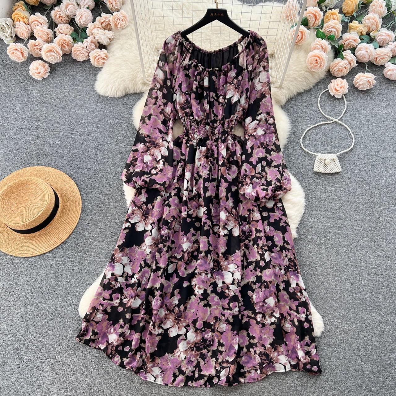 Floral Chiffon Long-sleeve Maxi Dress With Belt on Luulla