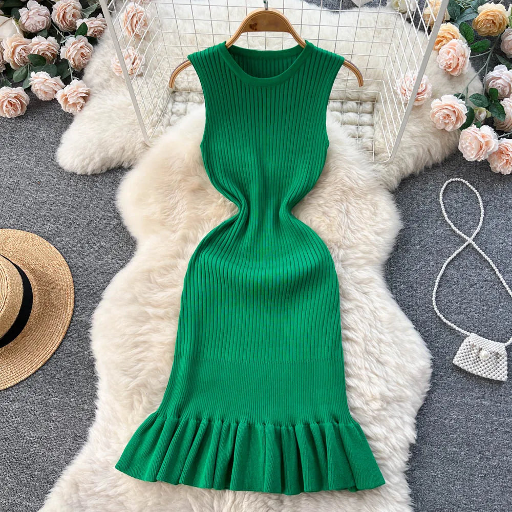 Ribbed Knit Sleeveless Green Midi Dress