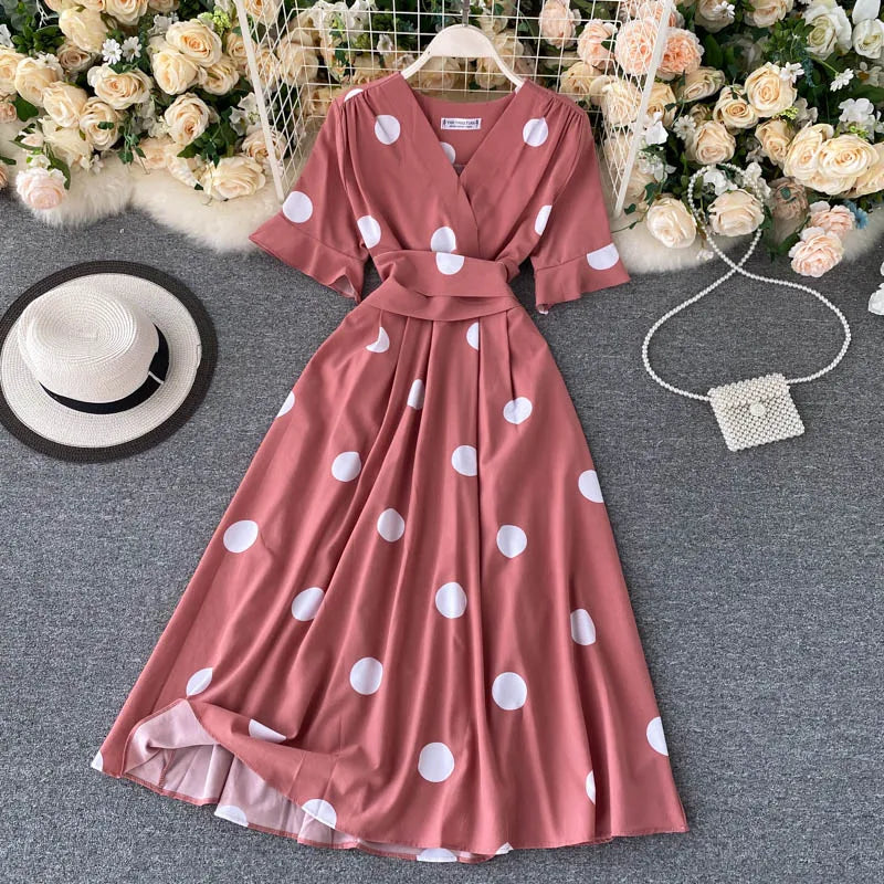 polka dot dress red belt Wine Red 1950s Polka Dots Drop Shoulder Belt Dress