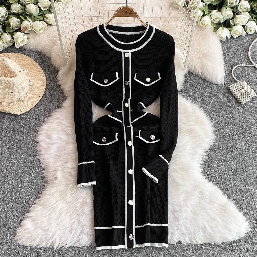 black knit dress with white trim The Black V Neck Contrast Trim Knit Mini Dress