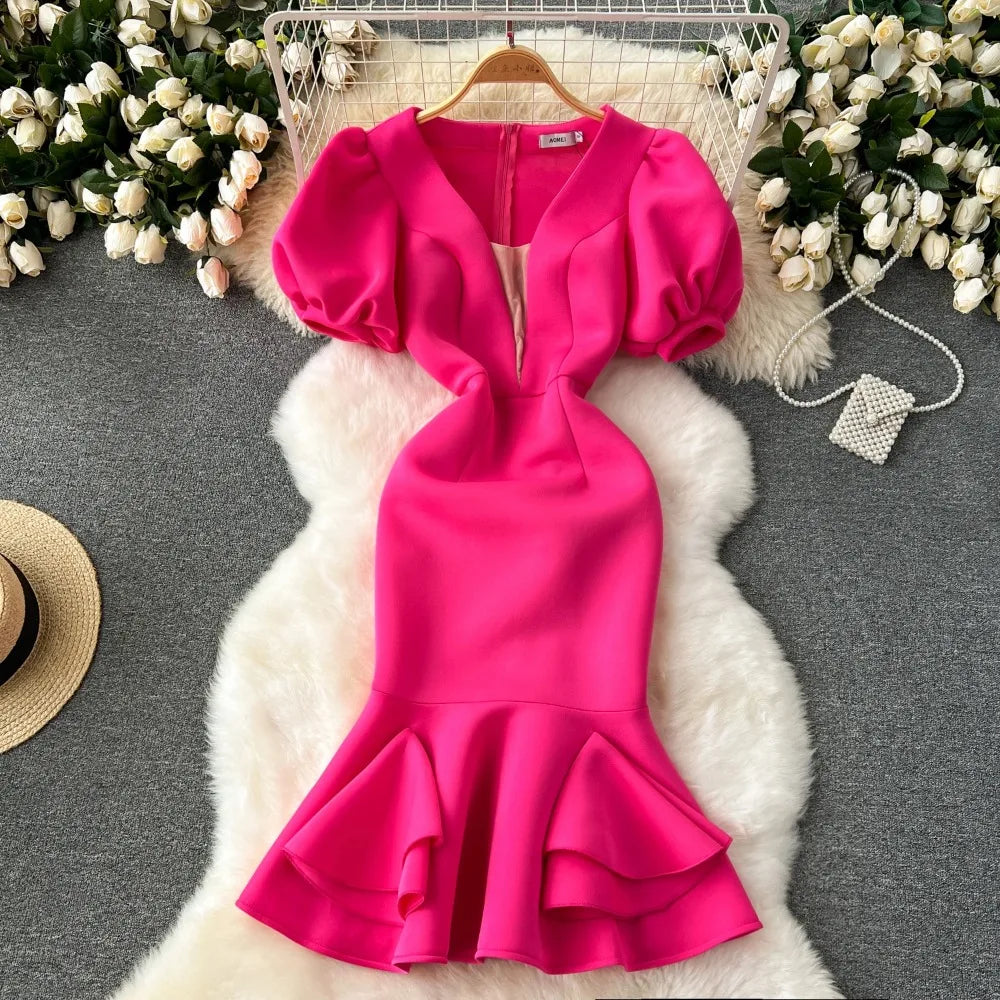 Vibrant Pink Puff Sleeve Ruffle Hem Dress