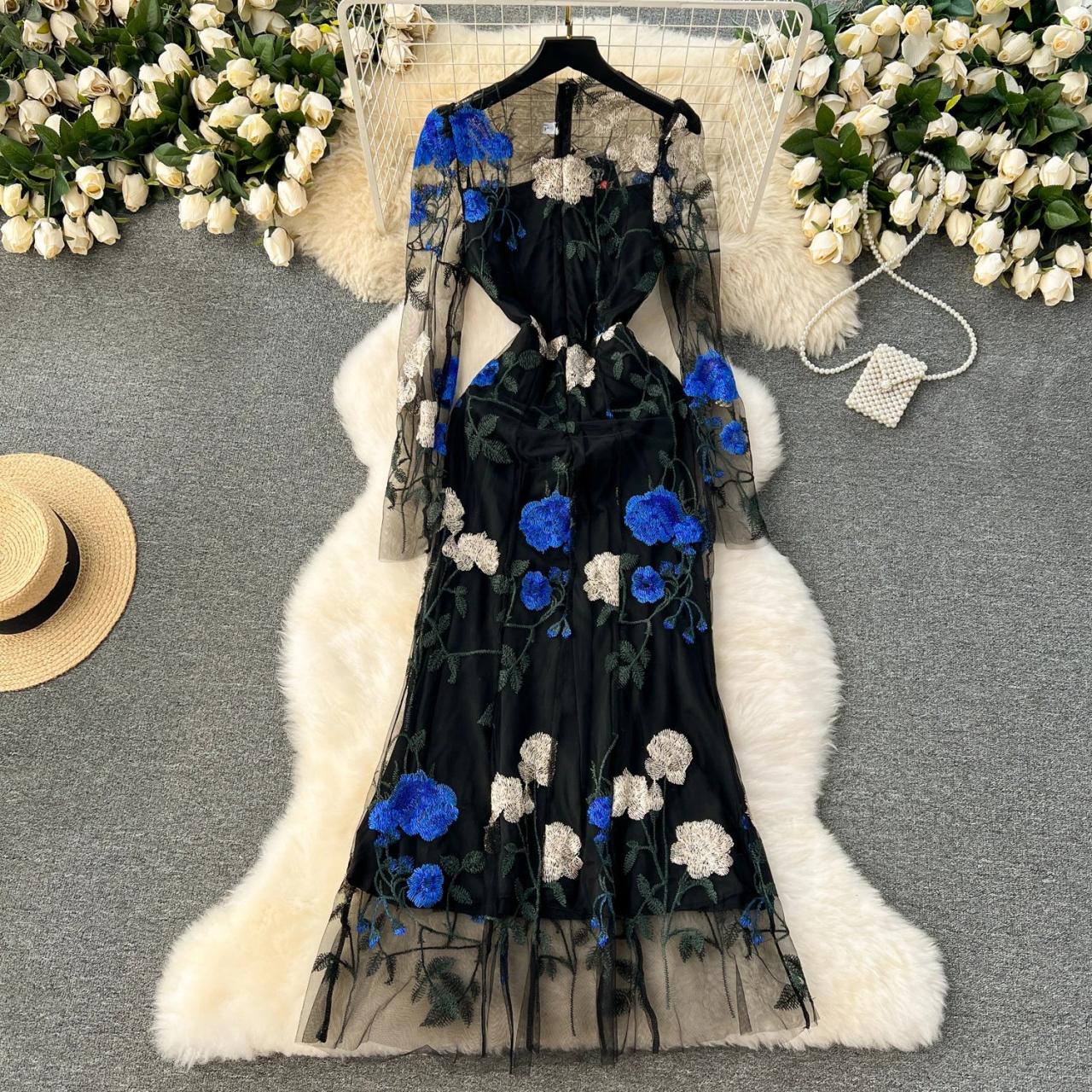 mesh long sleeve maxi dress black floral BlackMilk | Fairytale Floral Sheer Bishop Maxi Dress | Blue main image 0
