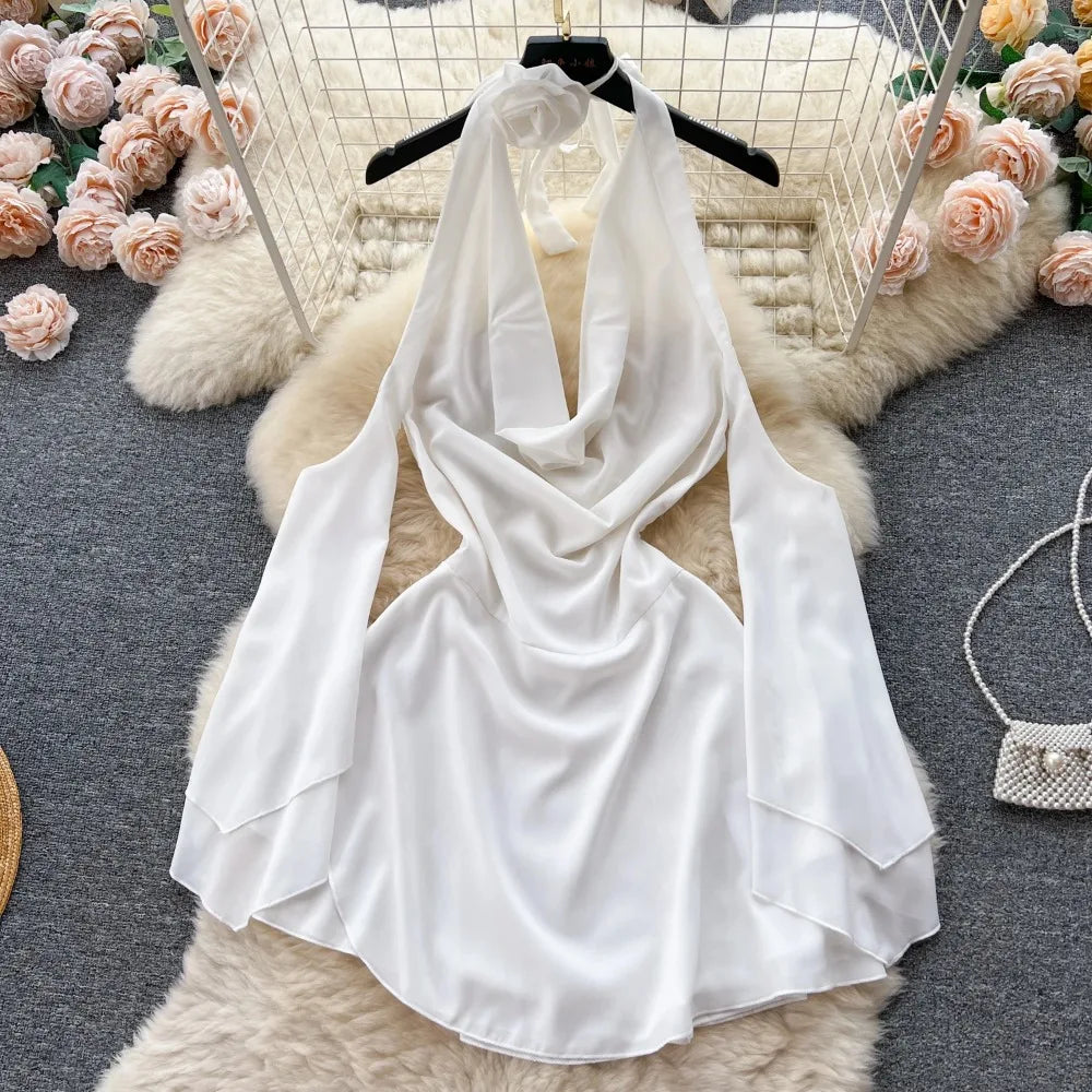 White Halter Dress With Draped Sleeves