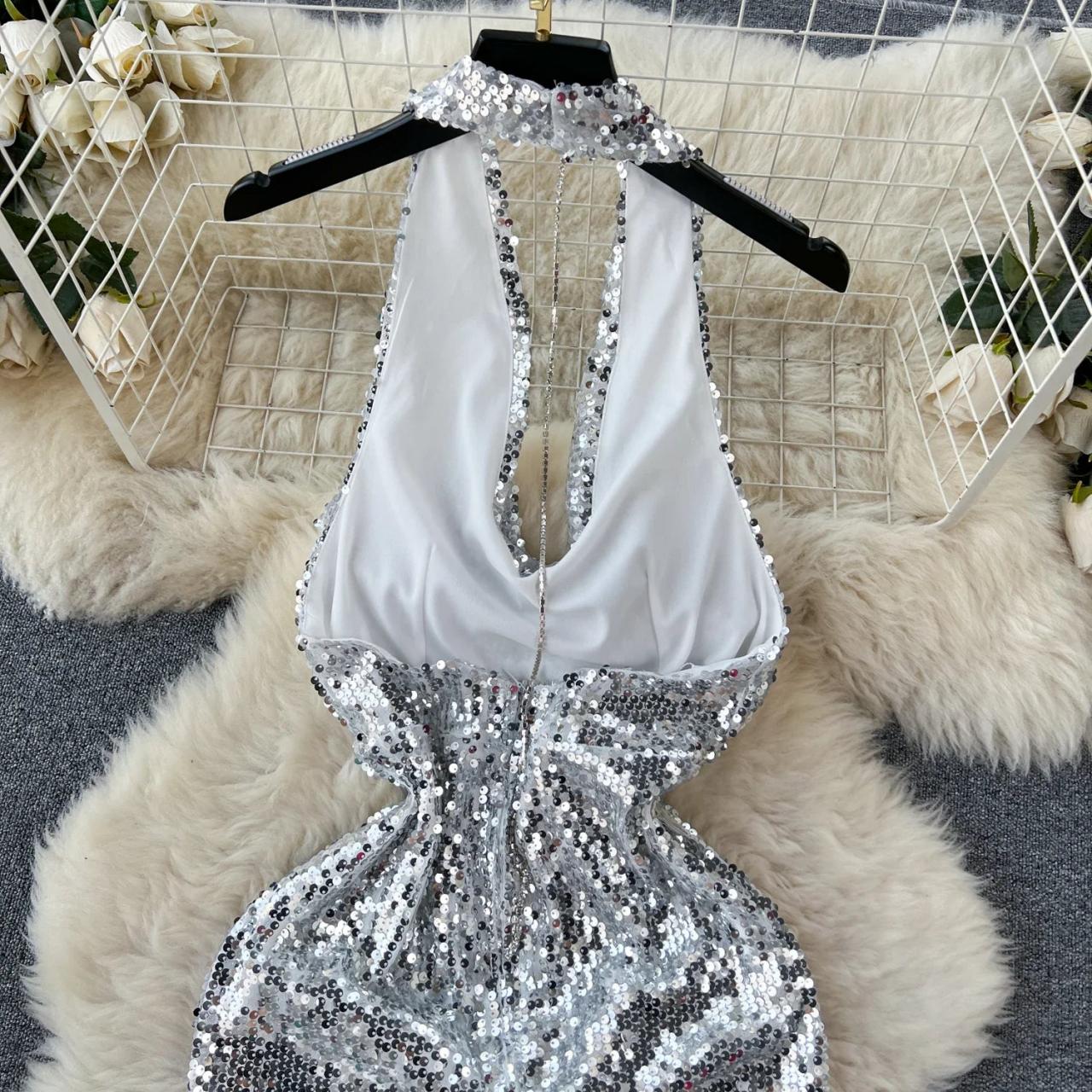 silver sequin backless maxi dress Silver Sequin Halter Column Gown with Open Back main image 0