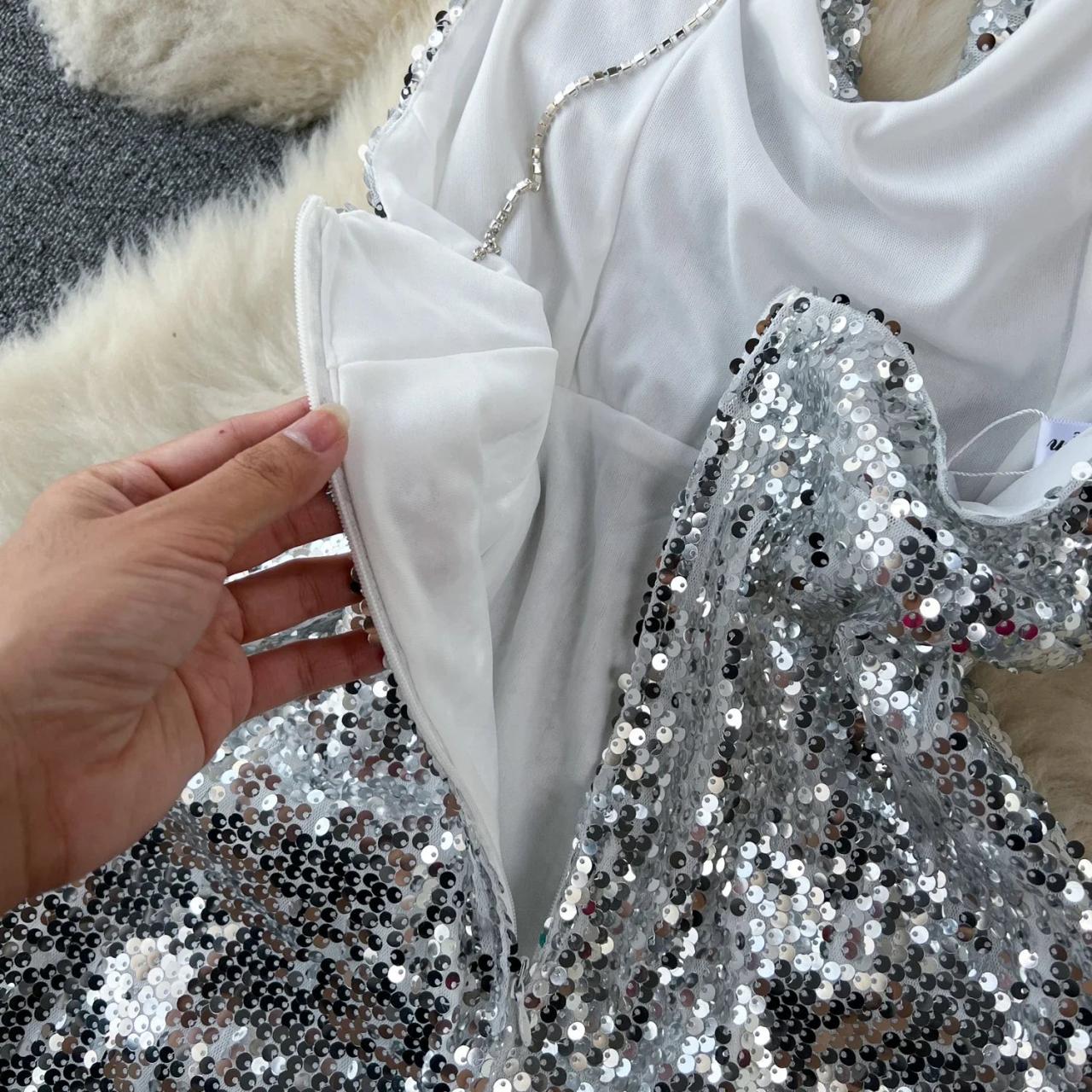 blue dress for baby girl Sequin Backless Split Maxi Dress White / M