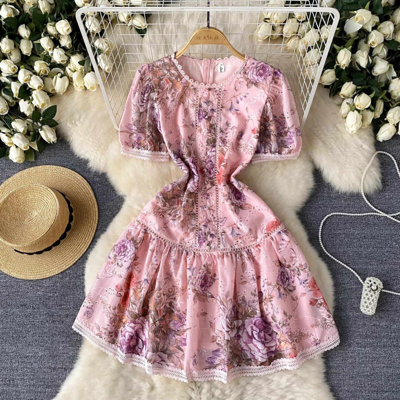 Floral Pink Puff Sleeve Lace A-line Dress
