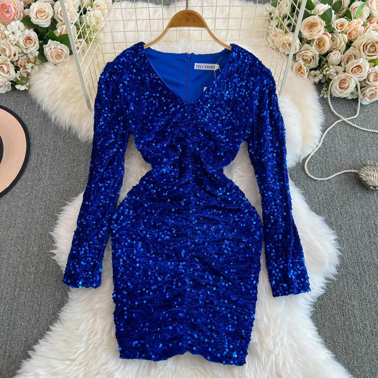 Sparkling Blue Sequin Long Sleeve Party Dress