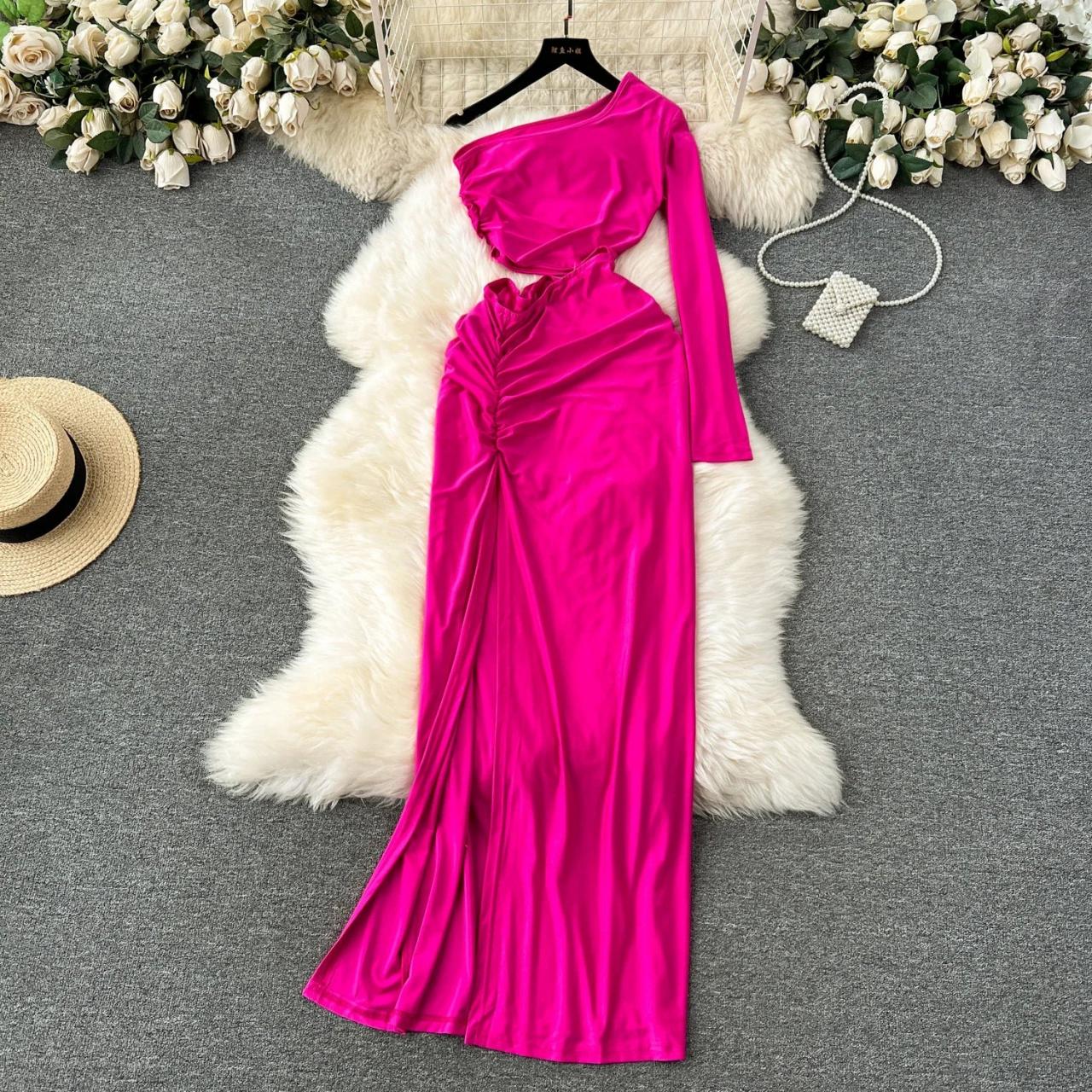 chinese dress ladies Fuchsia Ruffle Side Slit Chiffon Maxi Dress