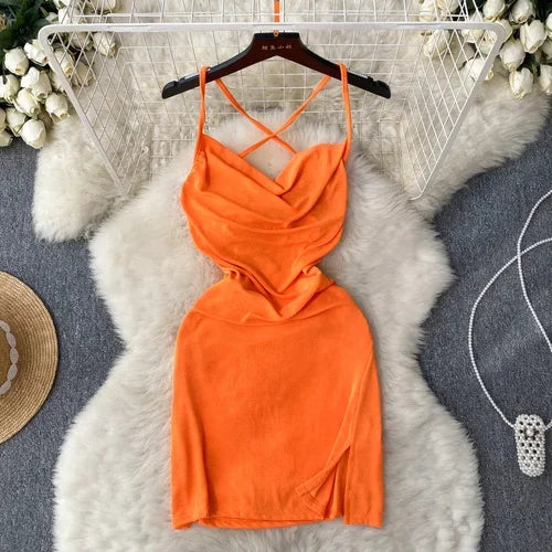 ruched cross-back dress Hauture Women's Solid Color Wrap Ruched Cross Back Design Elegant Slip Dress