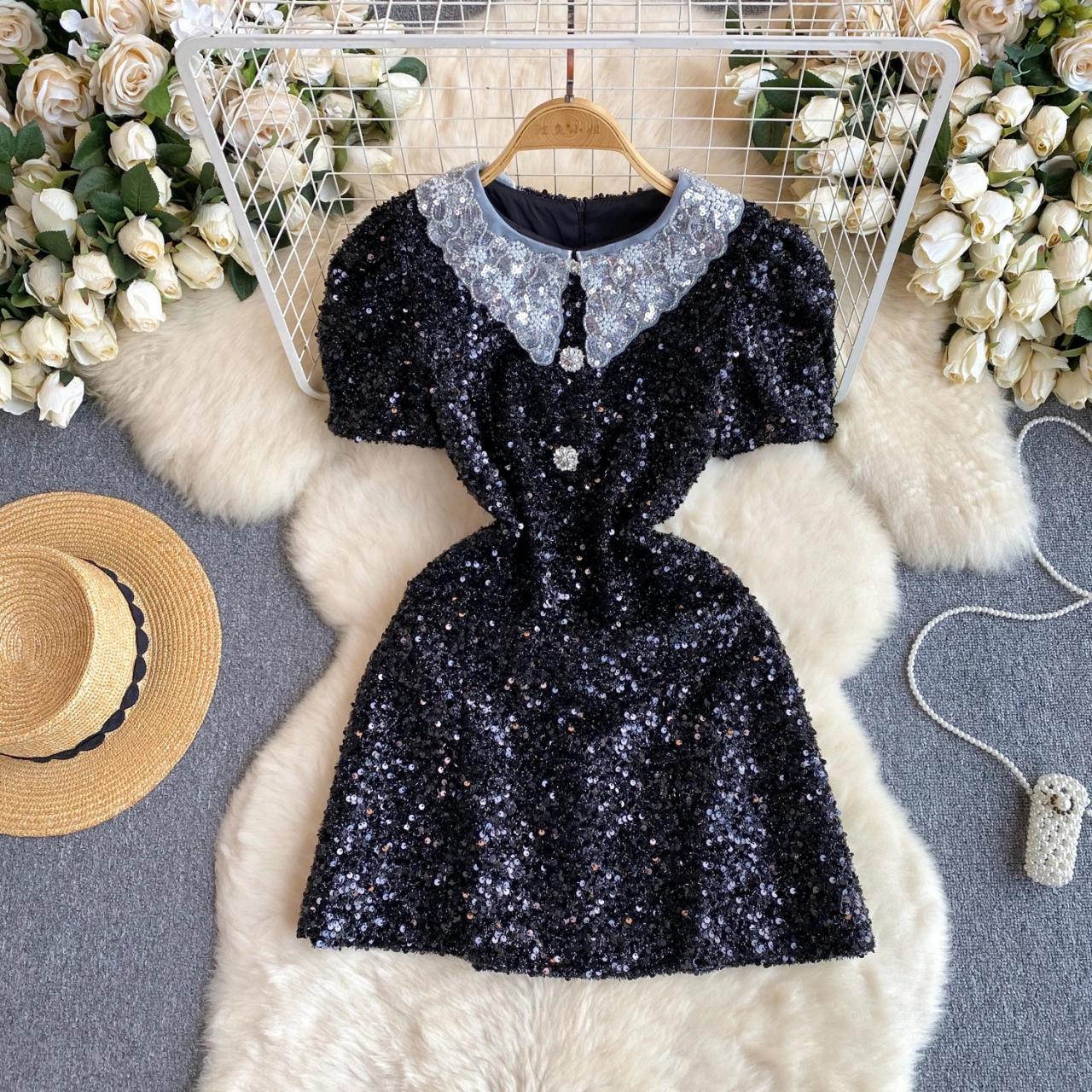 Sparkling Black Dress With Lace Collar Detail on Luulla