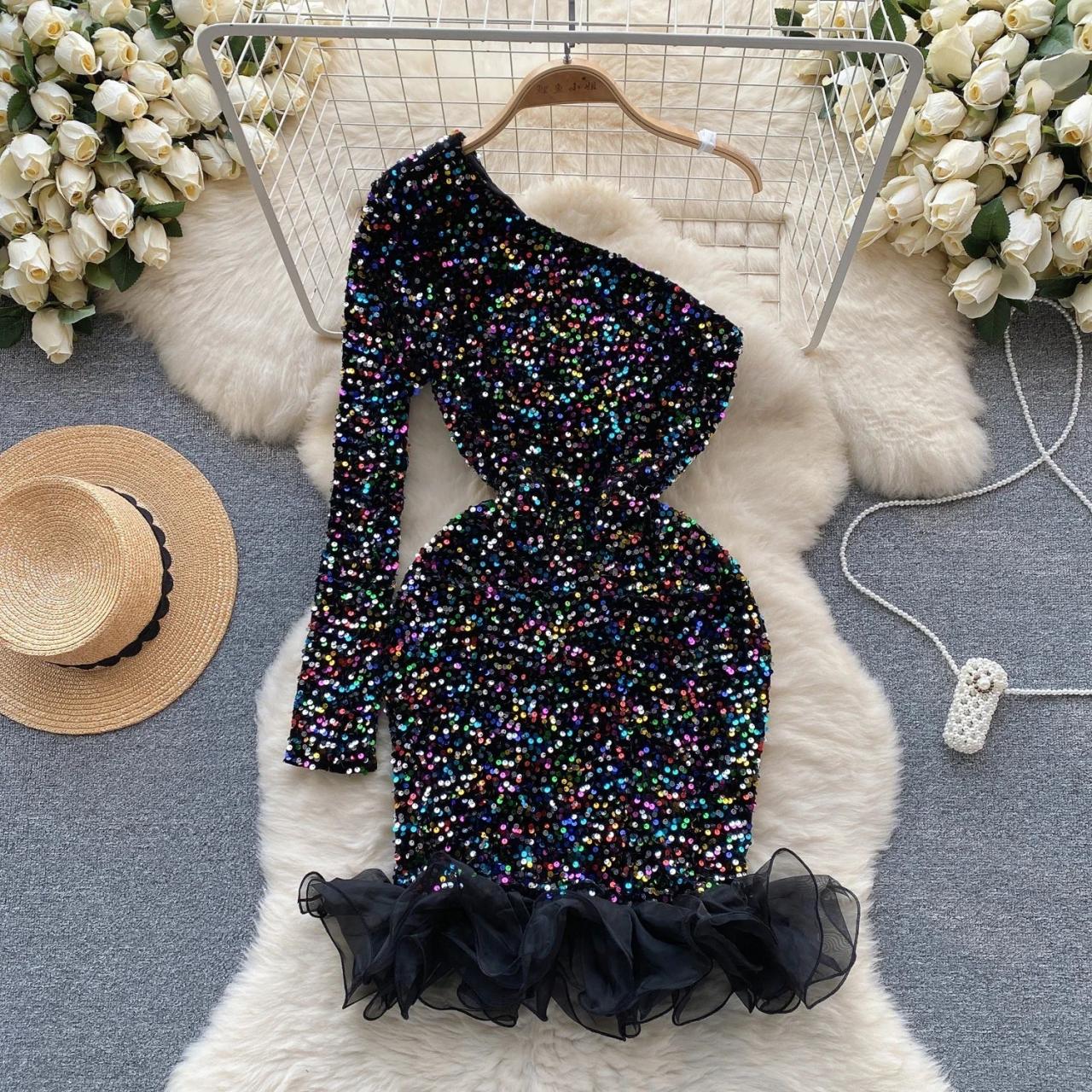 fitted lace wedding dress Embroidered Sequin One Shoulder Long Sleeve High Slit Long Prom Dress  NXS1013 main image 0