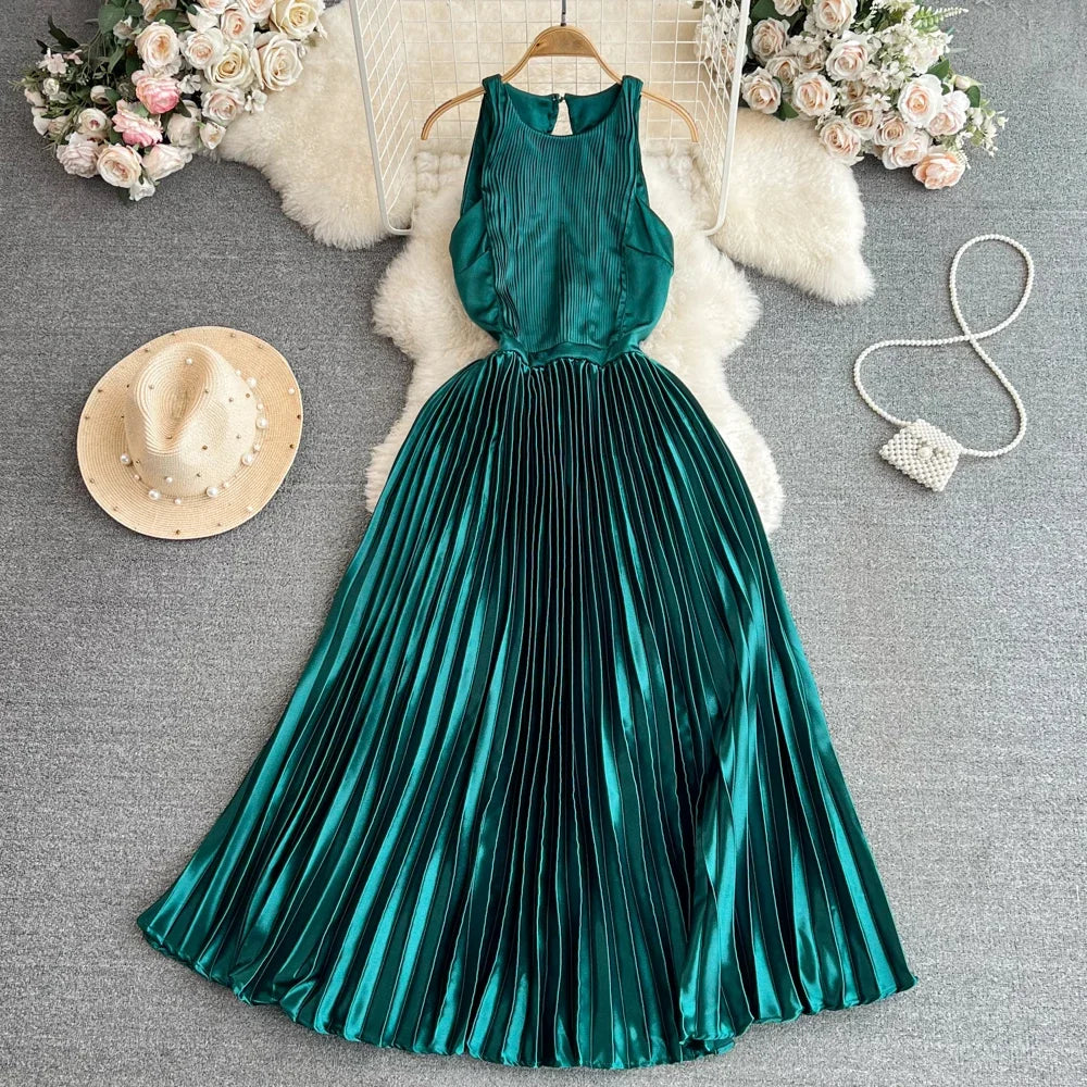 Sleeveless Green Satin Pleated Maxi Dress