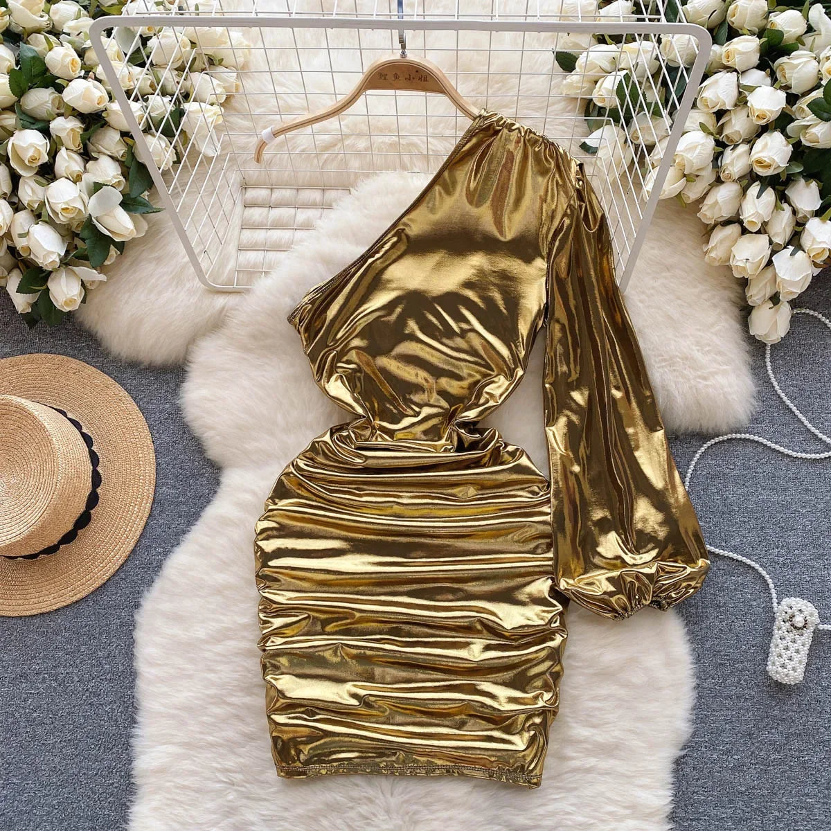One-Shoulder Gold Metallic Ruched Party Dress One-shoulder Gold Metallic Ruched Party Dress on Luulla