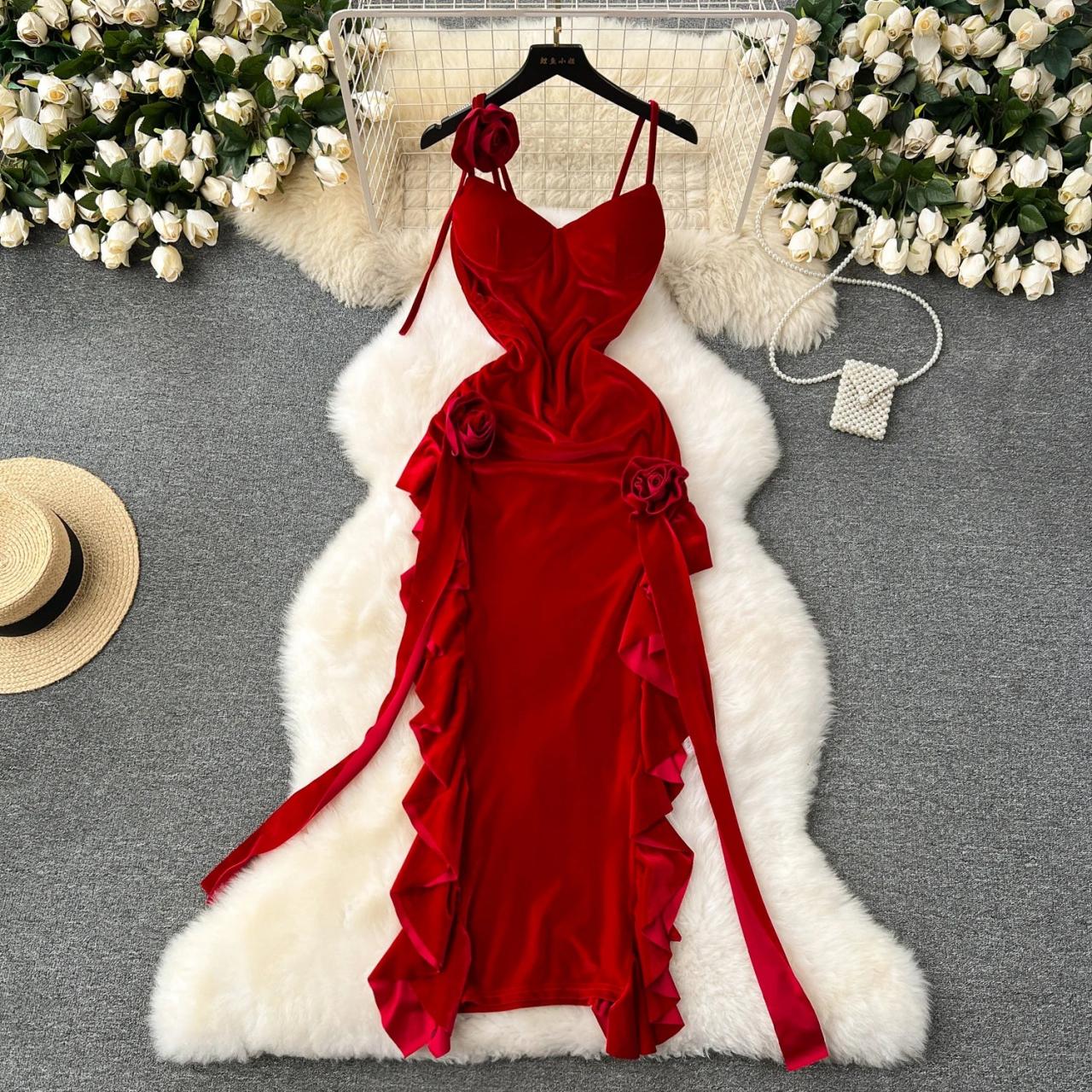 Red Velvet Ruffle Sleeveless Evening Dress Stunning on Luulla