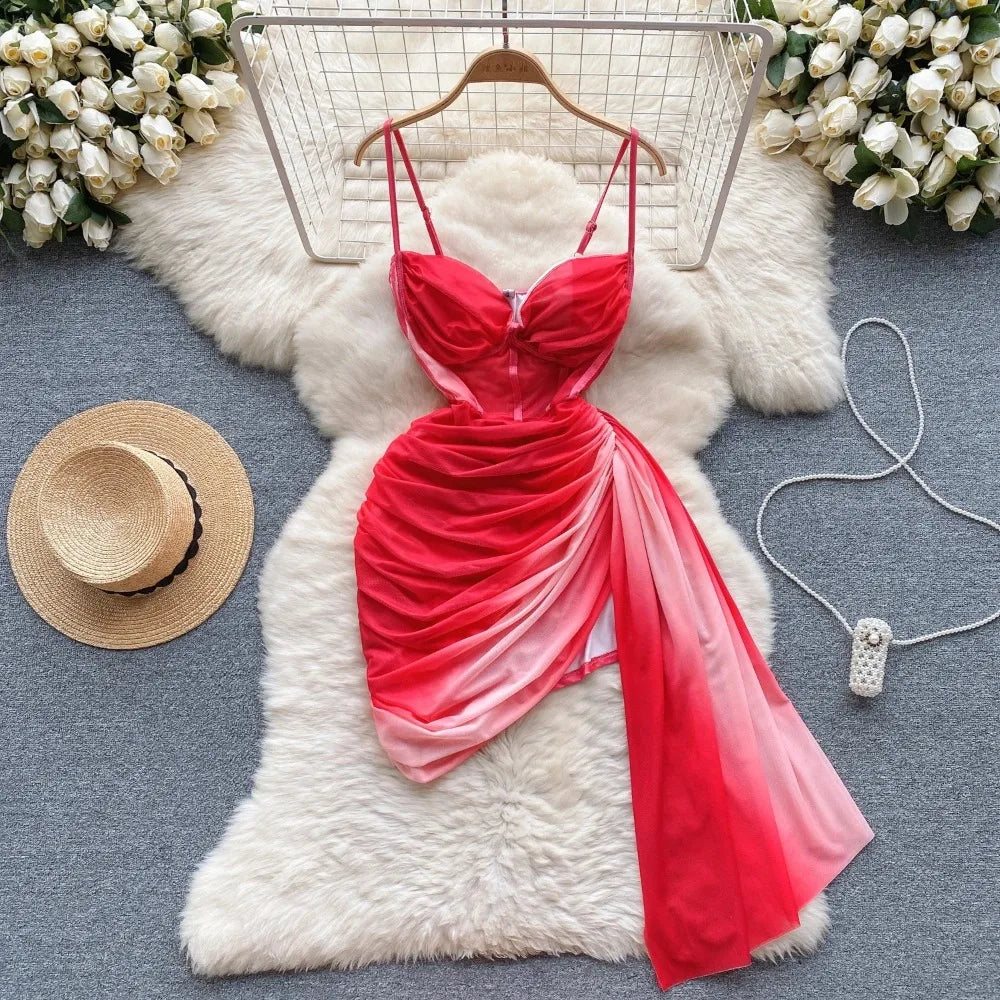 Red Ruched Satin Draped Dress with Spaghetti Straps
