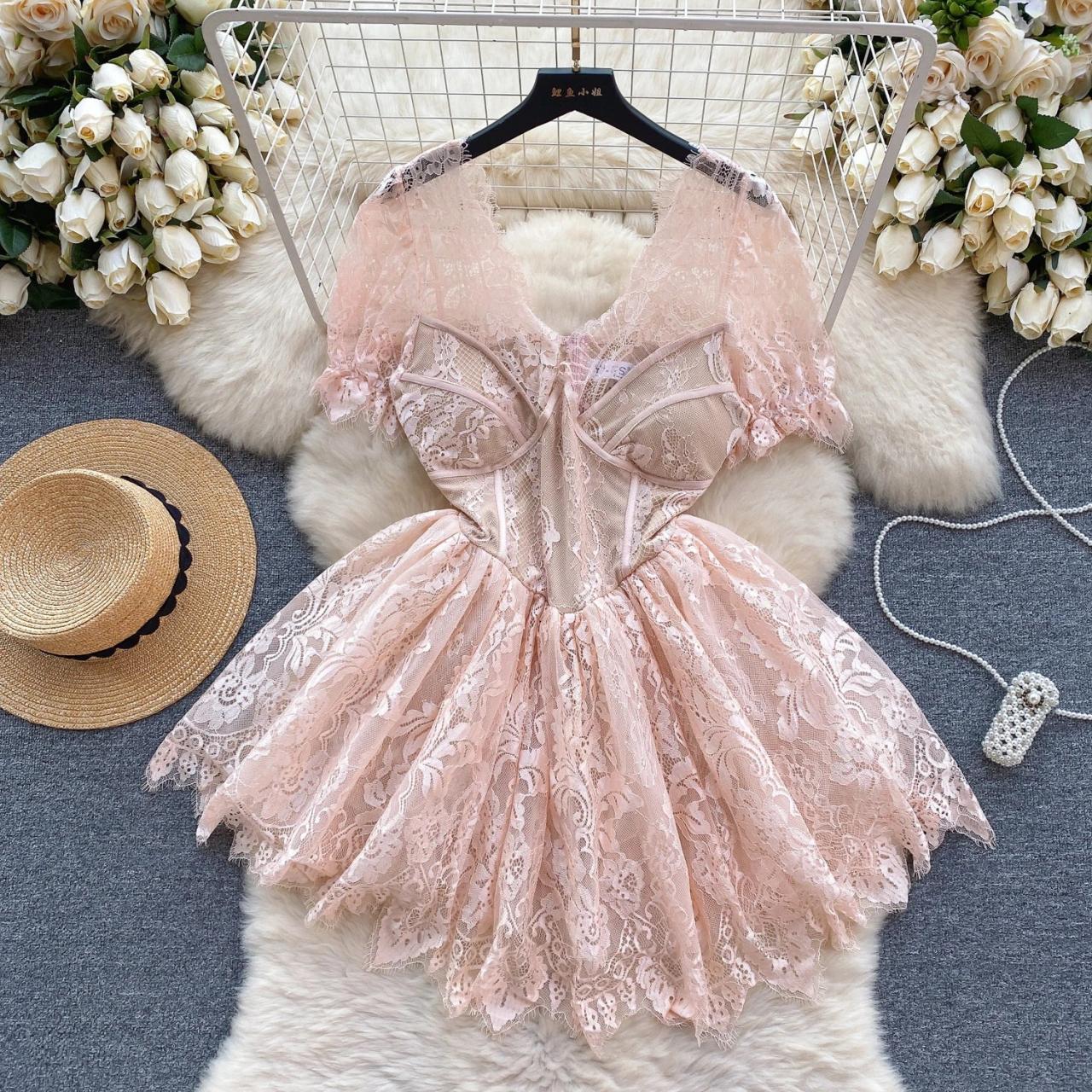 Lace Dress Puff Sleeve A Line Dress Aconiconi Luxury White French Style  Short Puff Sleeve Lace