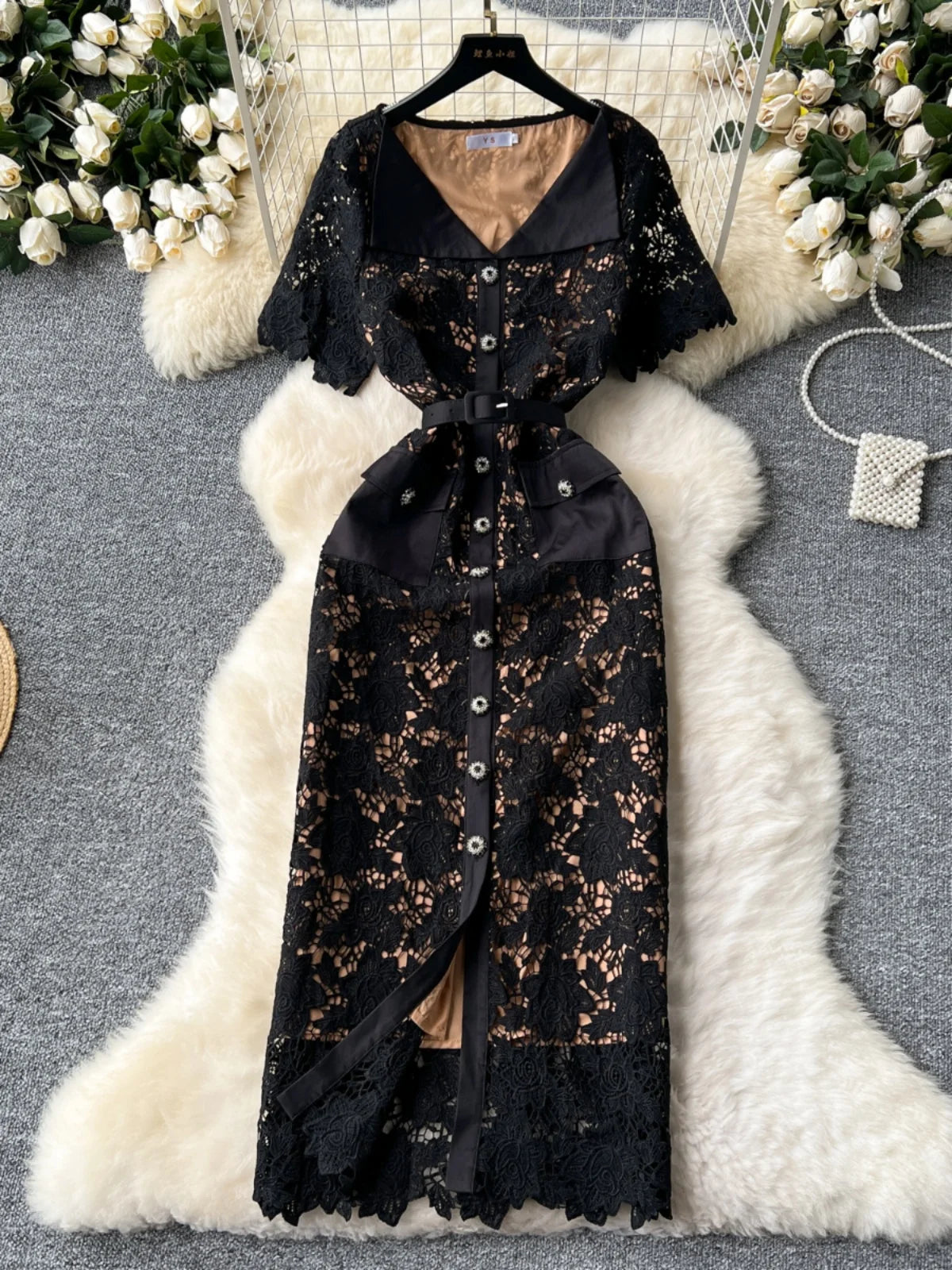 Floral Lace Button-Down Midi Dress with Belt