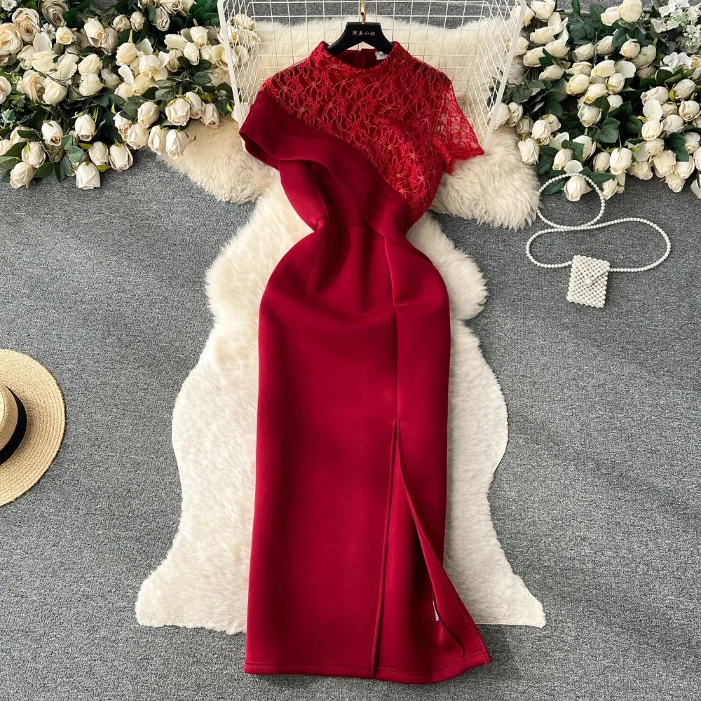 red bodycon dress with slit Red Ribbed Maxi Dress main image 0