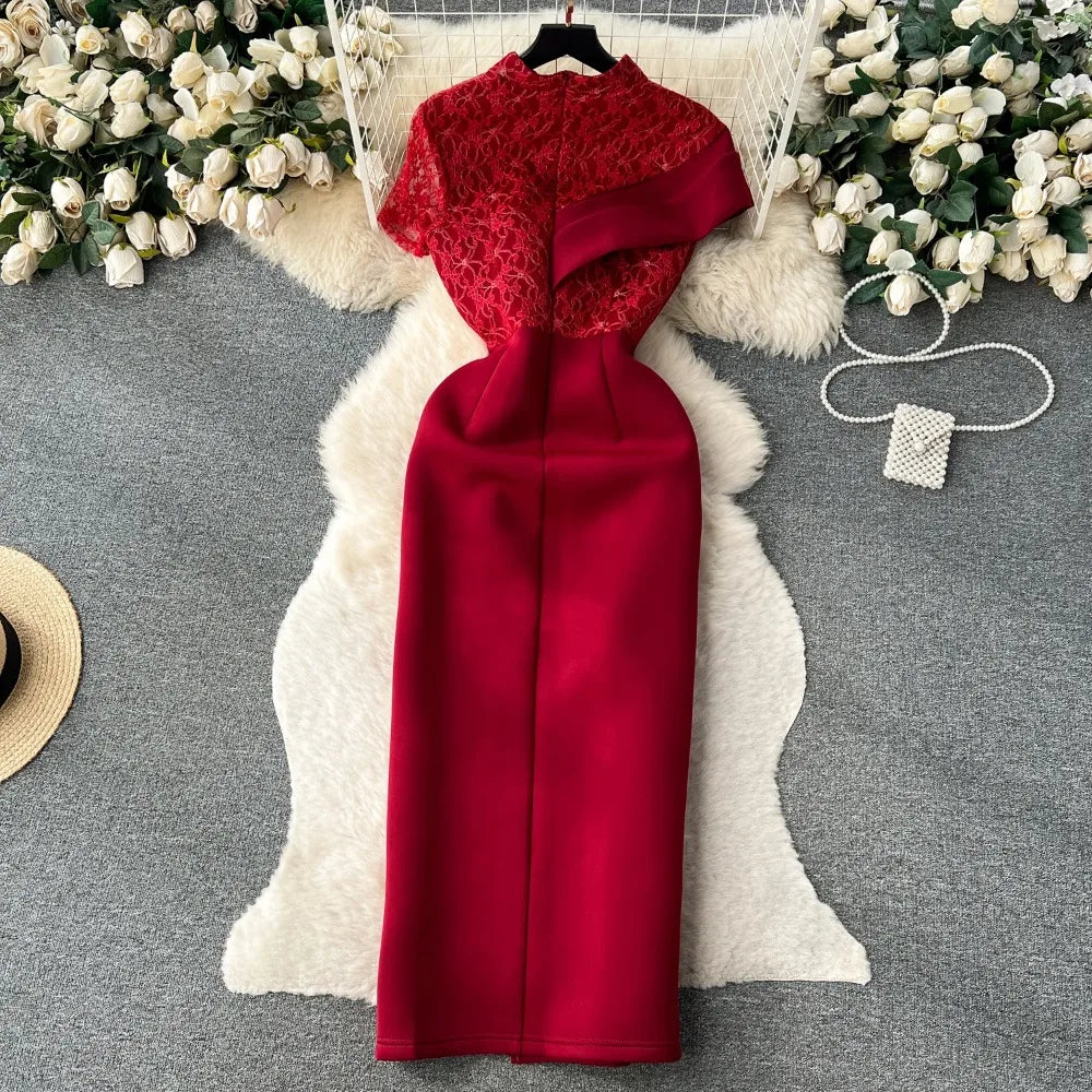 Red Lace Bodycon Dress With Side Slit