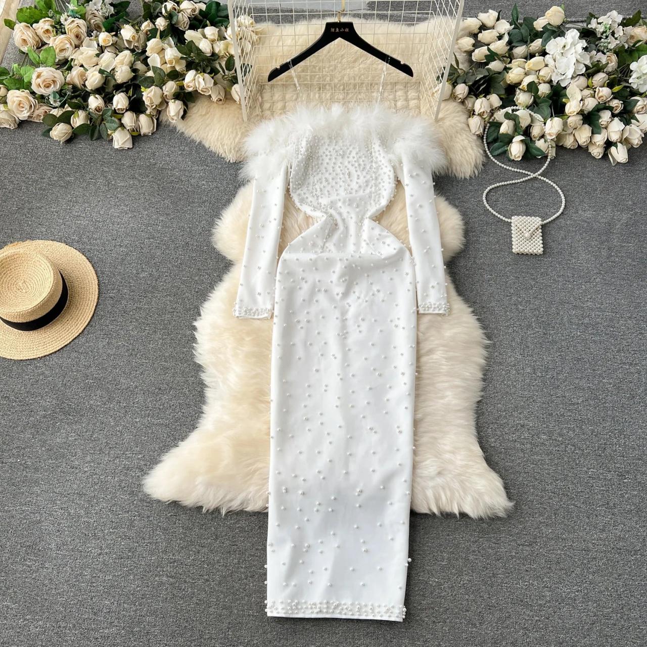 Luxe White Long Sleeve Beaded Fur Dress