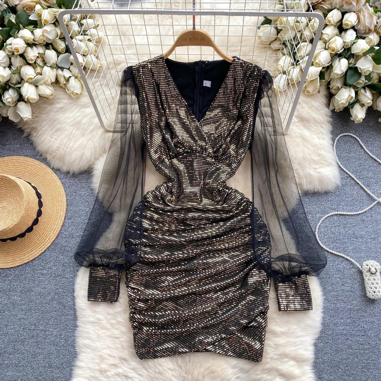 gold sheer metallic dress Metallic Bead Mesh A-line Long Dress w/ Waist Band and Long Drape M / Gold main image 1