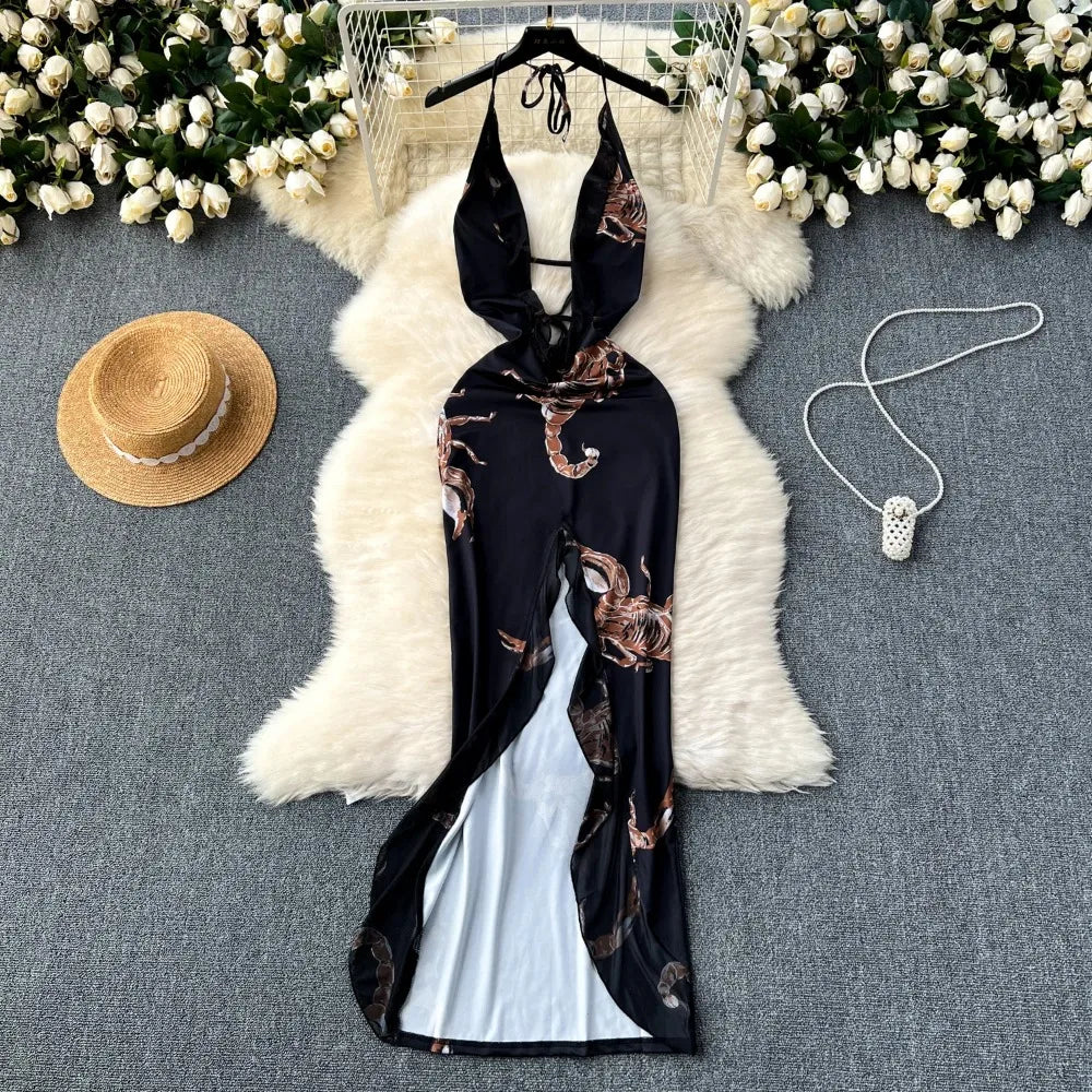 Floral Halter Dress with Sheer Maxi Overlay