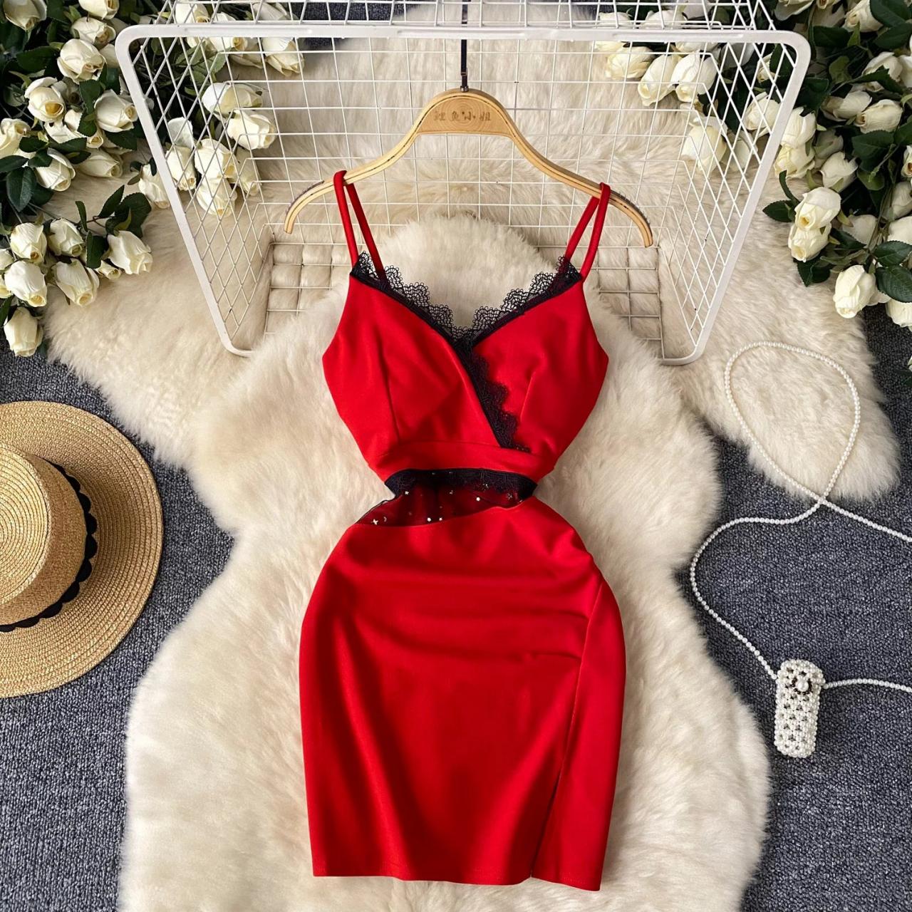 Red Lace Trimmed Sleeveless Bodycon Midi Dress
