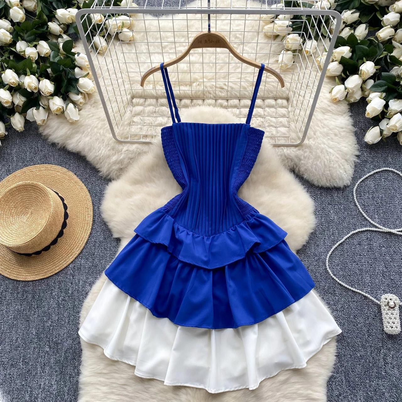 Blue Pleated Layered Sundress With Spaghetti Straps