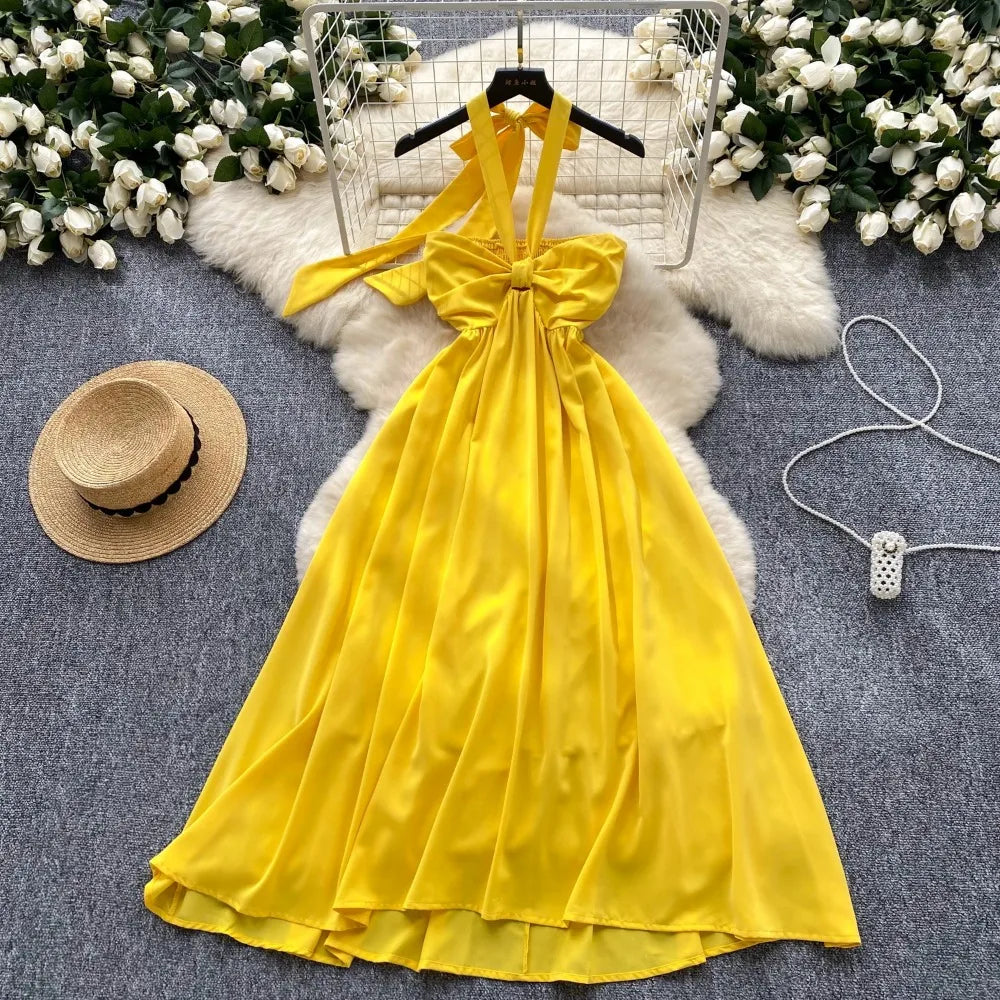 Sunflower Yellow Halter Dress With Bow Detail