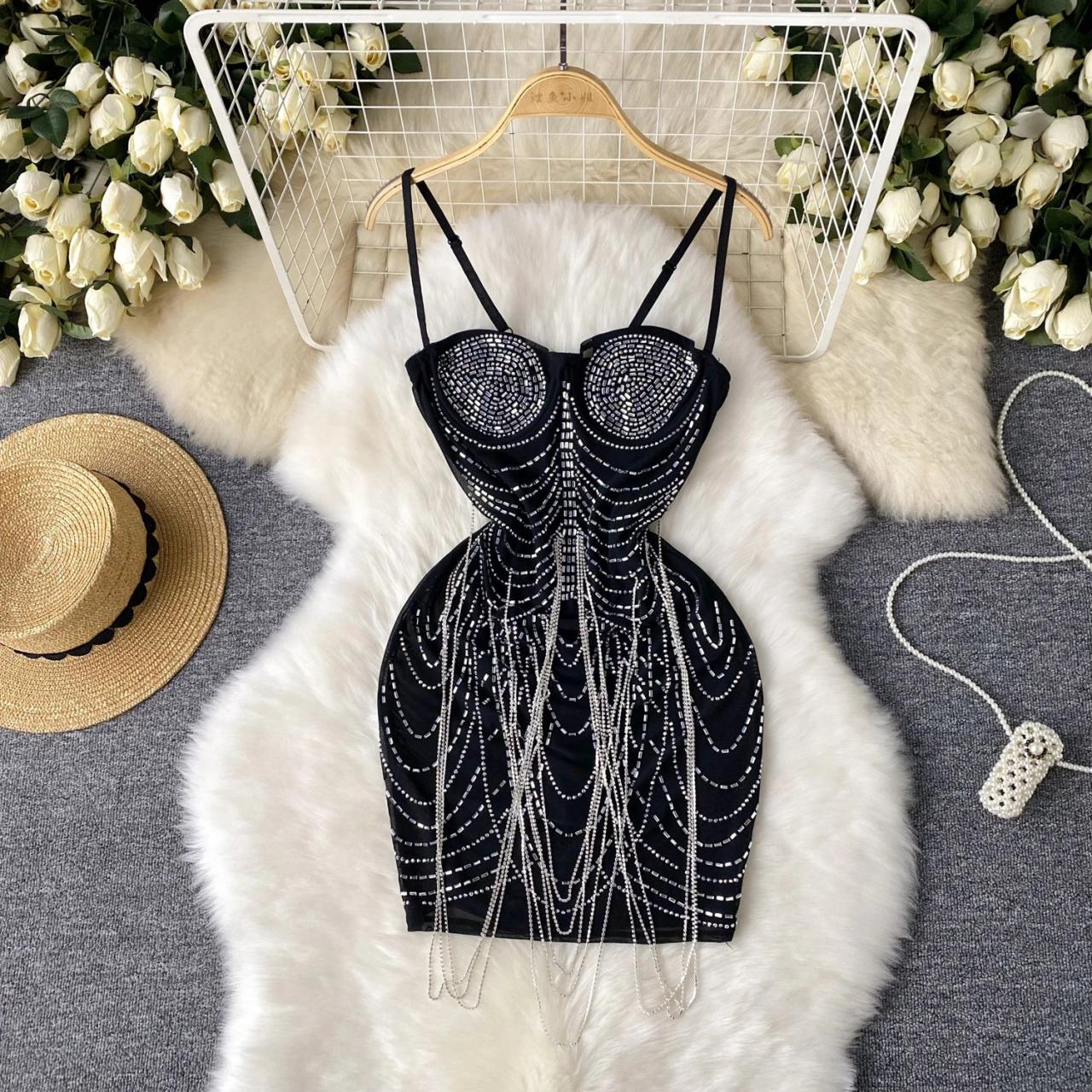 Rhinestone Embellished Strappy Black Party Dress