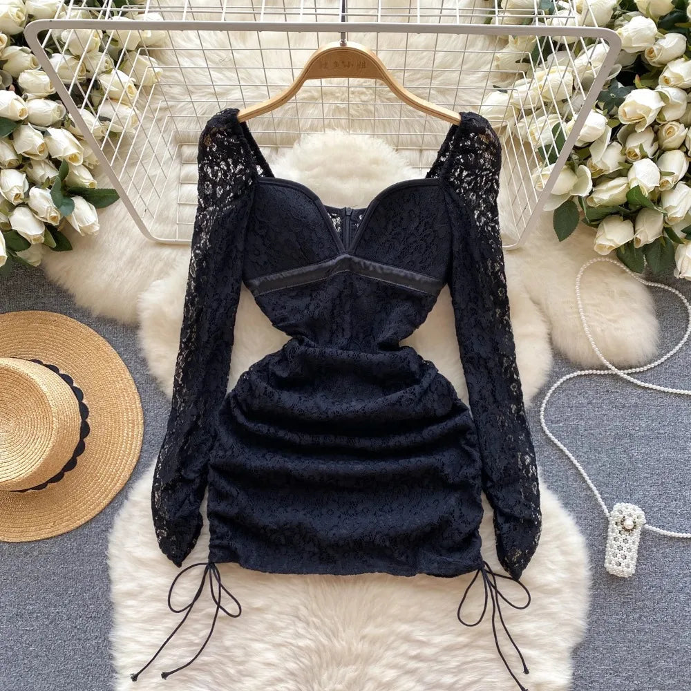 black ruched dress lace Meri Black Ruched Maxi Dress with Lace Panels, L / Black main image 0