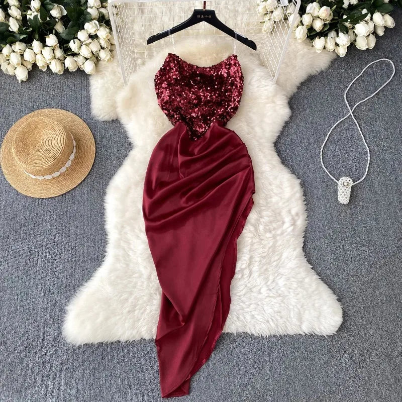 Red Sequin Velvet Gown with Strapless Design