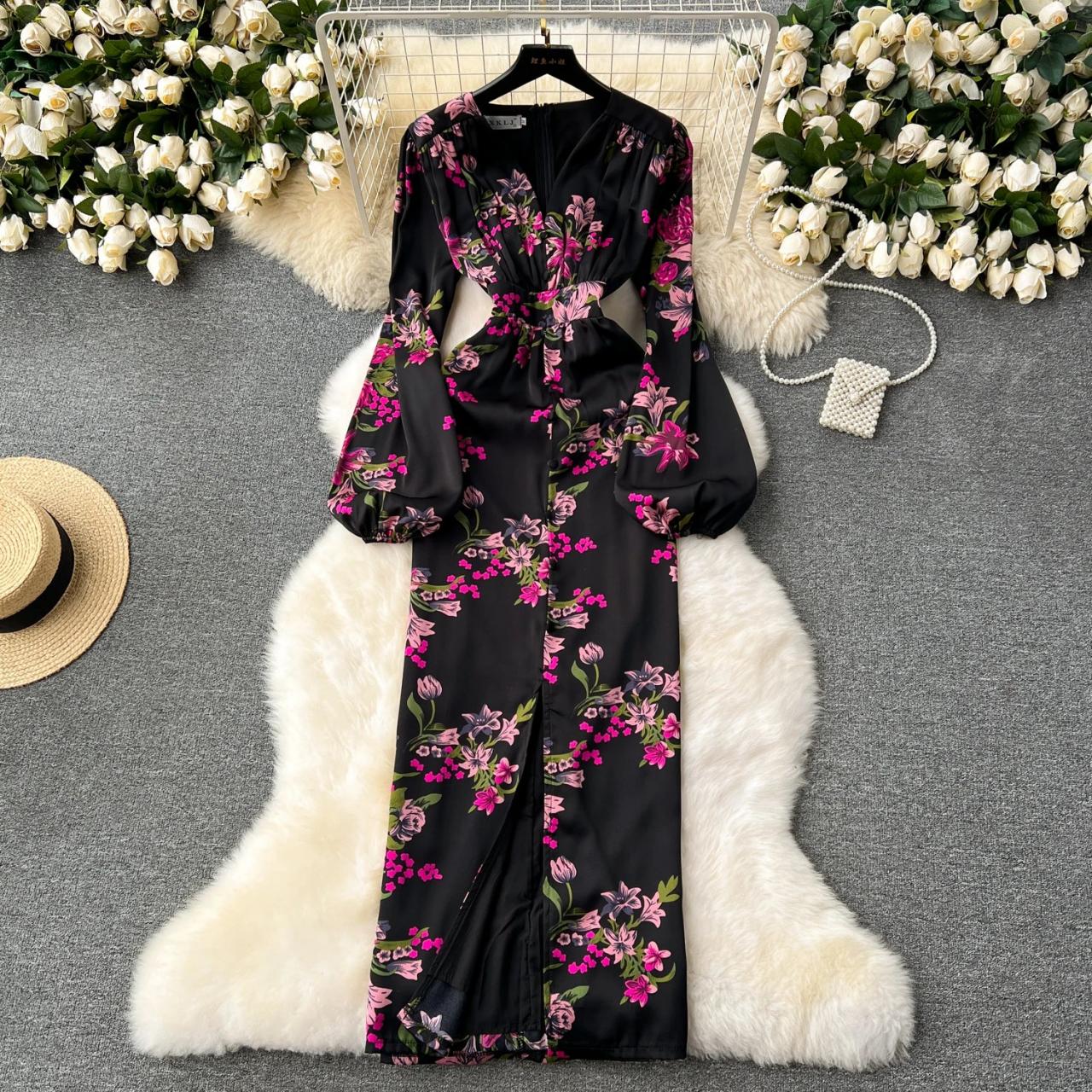 Floral Long-sleeve Maxi Dress With Cutouts on Luulla